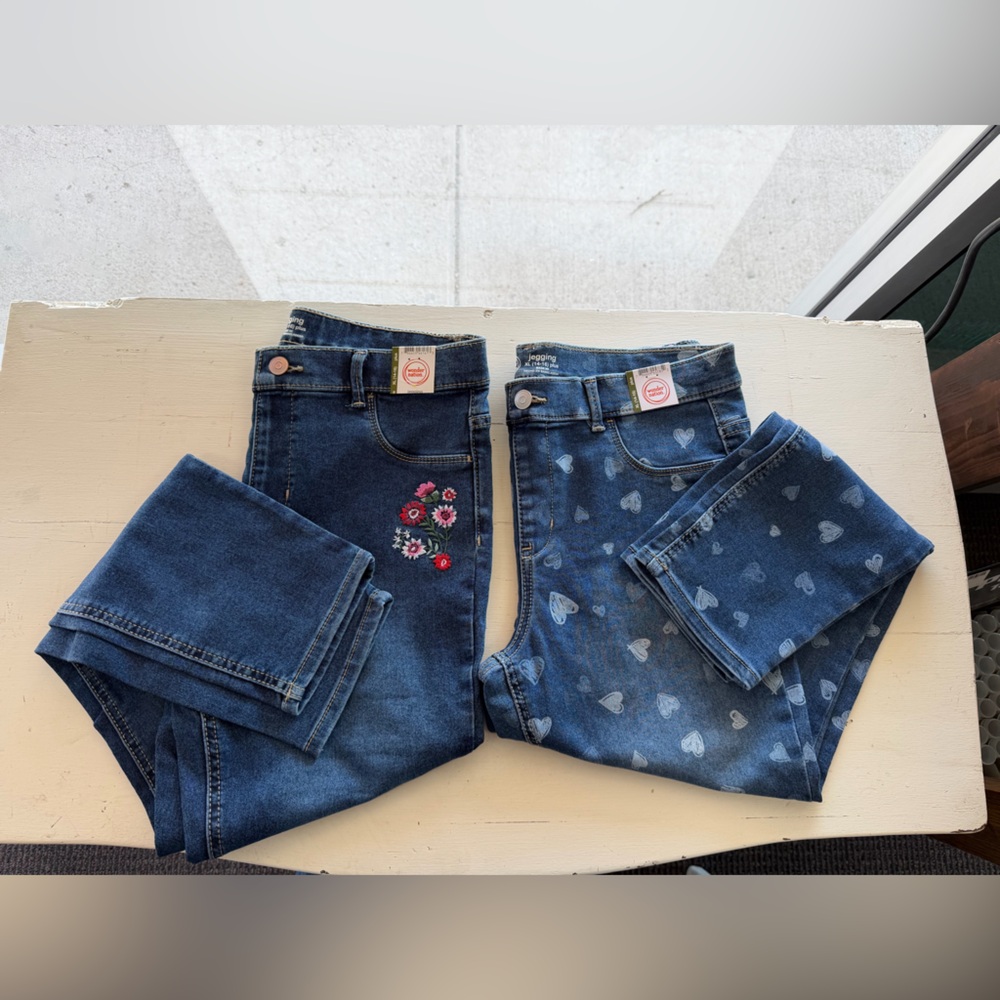 2 pair Blue Jeggings Jeans Embroidered Floral & Heart Print Girls XL 14-16 Plus